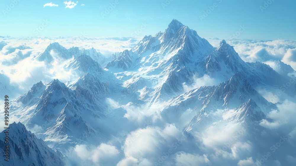 Majestic snow-capped mountains above the clouds Majestic snow-capped mountains above the clouds
