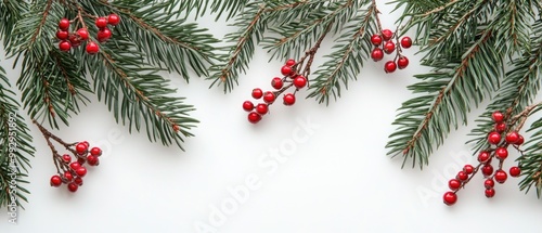 Festive pine branches with red berries on a white background