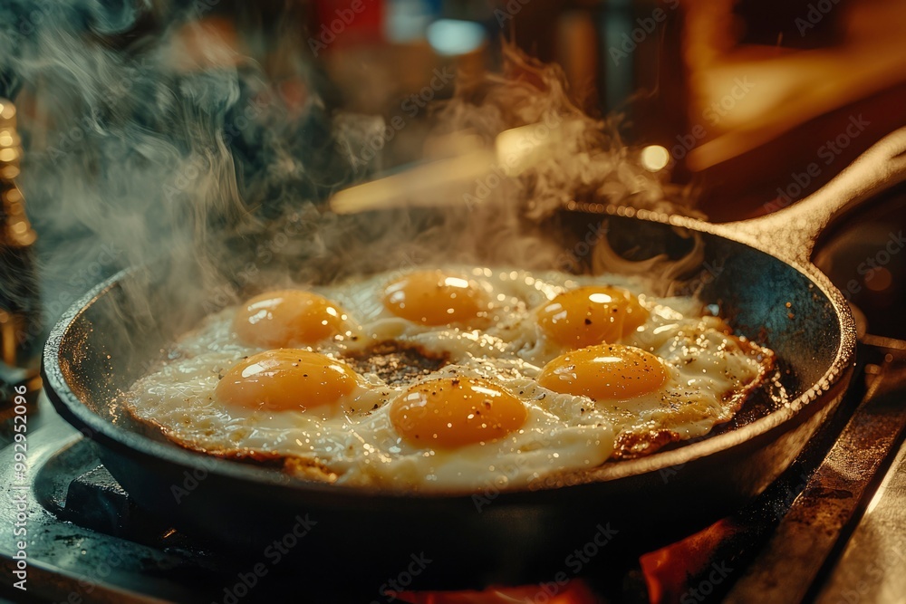 Steaming Fried Eggs in a Cast Iron Skillet Steaming Fried Eggs in a Cast Iron Skillet