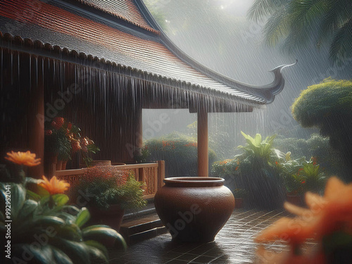 Rain falls into a water jar, Thai-style house