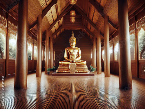 Peaceful temple pavilion and Buddha statue