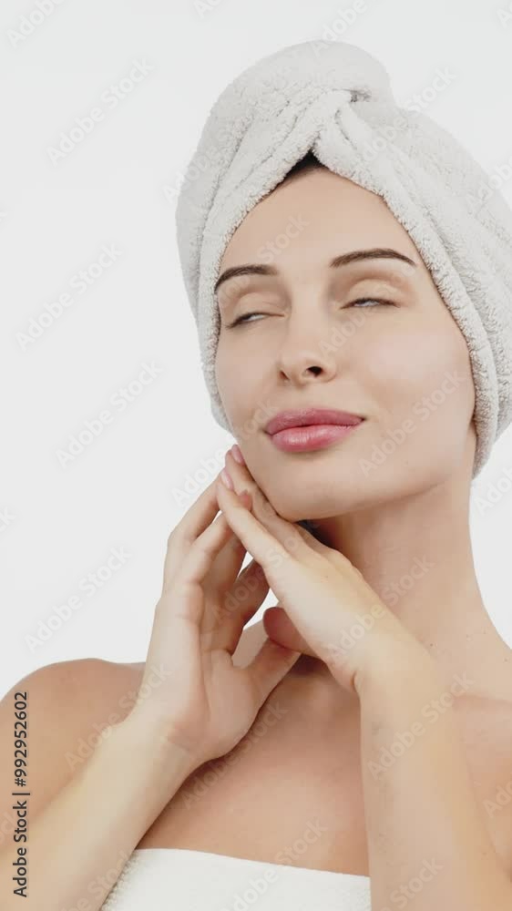 Vertical video. A portrait of a young woman with blue eyes wrapped in a towel after washing her hair. This image captures the essence of spa treatments, self-care, and deep relaxation. Vertical video. A portrait of a young woman with blue eyes wrapped in a towel after washing her hair. This image captures the essence of spa treatments, self-care, and deep relaxation.