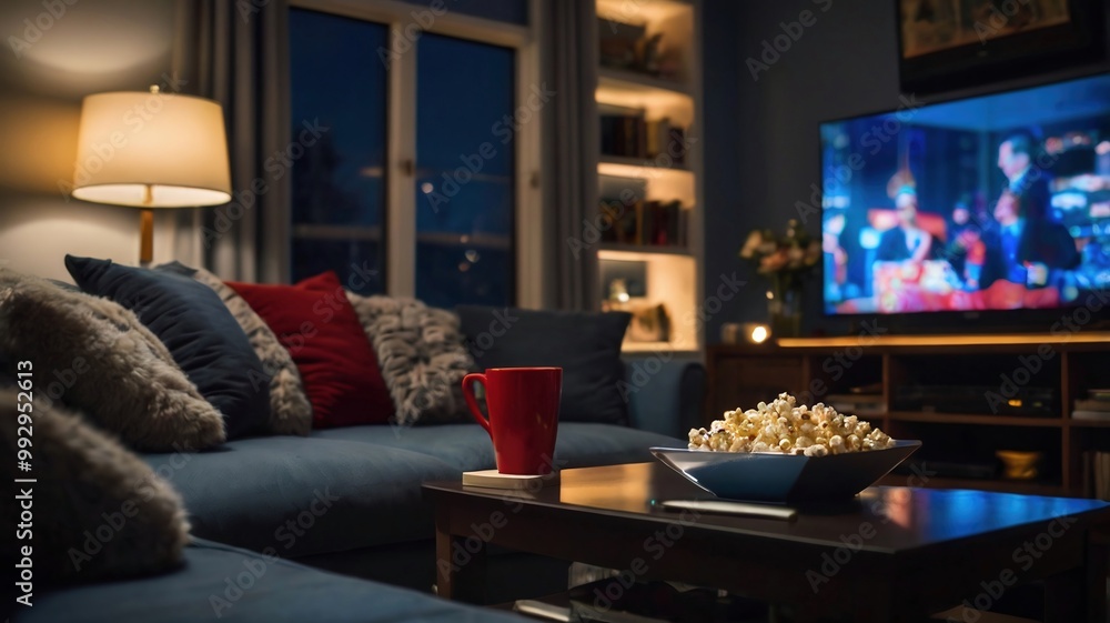 Cozy, indoor scene featuring a living room setup The layout includes a bowl filled with popcorn The background is blurred, showcasing a television screen displaying a bokeh effect Cozy, indoor scene featuring a living room setup The layout includes a bowl filled with popcorn The background is blurred, showcasing a television screen displaying a bokeh effect