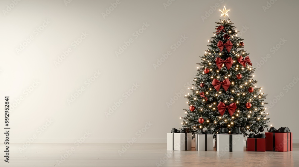 Festive Christmas Tree with Red and Black Bows in Cozy Room - High-Quality 3D Illustration in 8K Resolution Festive Christmas Tree with Red and Black Bows in Cozy Room - High-Quality 3D Illustration in 8K Resolution