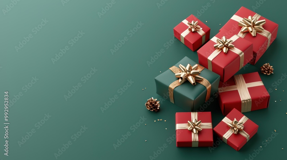 Festive Red and Green Christmas Gift Boxes with Golden Ribbons - 3D Illustration in High Resolution 8K Quality Festive Red and Green Christmas Gift Boxes with Golden Ribbons - 3D Illustration in High Resolution 8K Quality