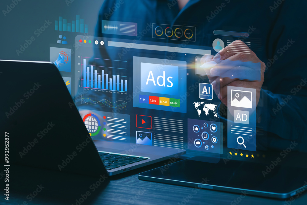 © Antony Weerut - Digital marketing commerce online sale concept, Businessman using laptop with Ads dashboard digital marketing strategy analysis for branding. online advertisement, ad on website and social media.