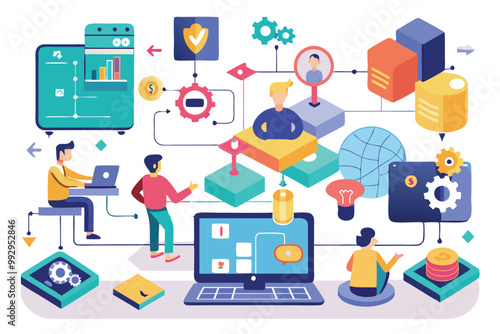 A colorful depiction showcasing the customizable prototyping process, featuring user interactions and design elements, Customizable prototyping process with disproportionate illustration.