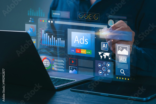 Digital marketing commerce online sale concept, Businessman using laptop with Ads dashboard digital marketing strategy analysis for branding. online advertisement, ad on website and social media.