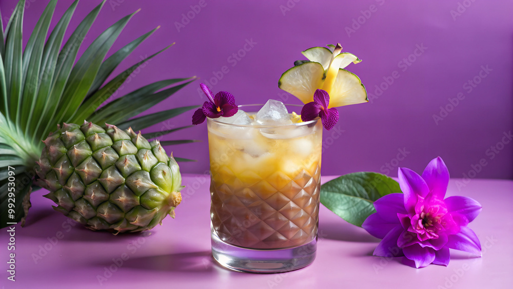 Tropical pineapple cocktail with flowers on purple background Tropical pineapple cocktail with flowers on purple background
