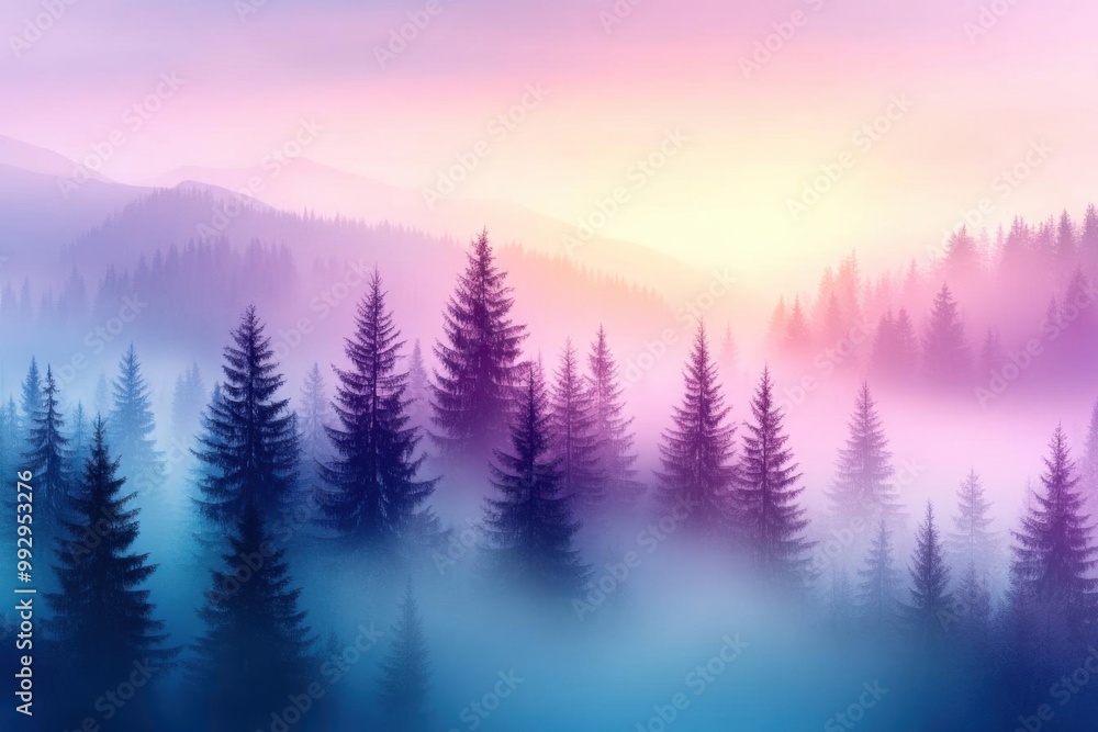 Fototapeta premium A serene landscape of pine trees enveloped in mist, showcasing vibrant hues of purple, blue, and pink at sunrise.