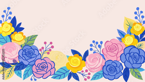 Elegant floral vector pastel pink, blue, and yellow roses, featuring ample free space for text, perfect for invitations, greeting cards, or banners or any festive and minimalist project 