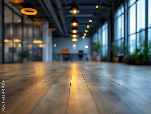 Wallpaper Mural Empty Modern Office Interior Background Photo with Wooden Floor, Lights, and Windows Torontodigital.ca