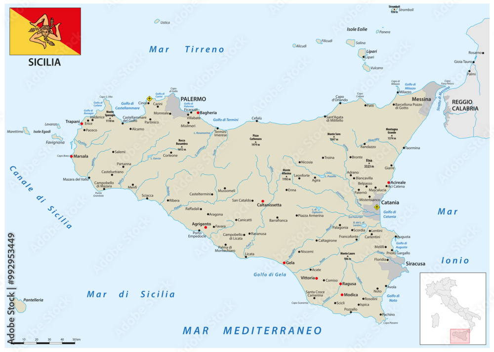 Fototapeta premium Map of the Italian Mediterranean island of Sicily