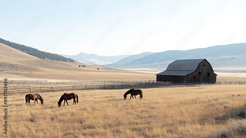 Horses grazing in a field near a rustic barn with mountains in the background. Horses grazing in a field near a rustic barn with mountains in the background.