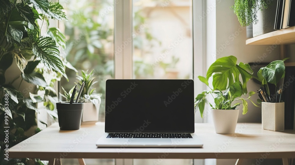 Fototapeta premium A modern workspace featuring a laptop on a desk surrounded by potted plants, creating a serene and productive environment.