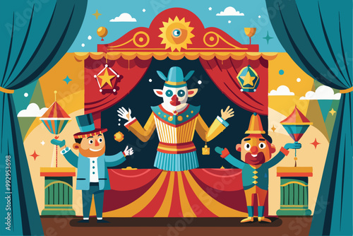 A vibrant puppet show display showcases lively characters on stage, inviting creativity and entertainment, Customizable puppet show illustration