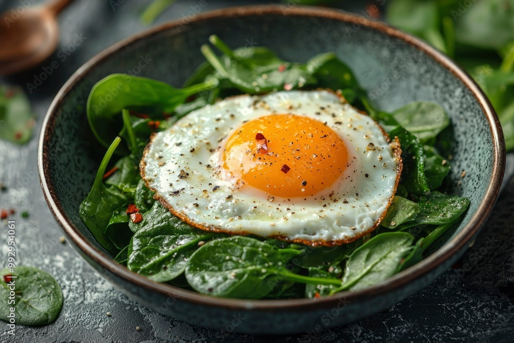A Single Fried Egg with Spinach and Seasoning in a Bowl A Single Fried Egg with Spinach and Seasoning in a Bowl