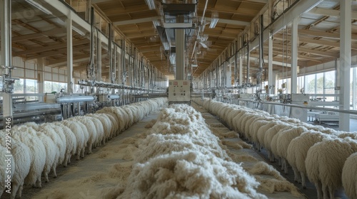 A sheep shearing facility with rows of sheep and collected wool.