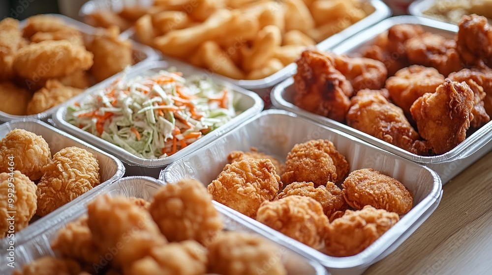 An assorted of fast food in takeout containners includes chicken, nuggets etc An assorted of fast food in takeout containners includes chicken, nuggets etc