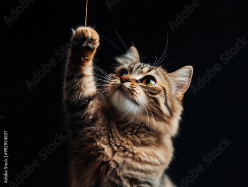 A playful cat reaches for a toy, highlighting its curious expression and fluffy fur against a dark background.