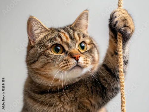 A playful cat with big eyes is gripping a rope, showcasing its curious and adorable personality. photo