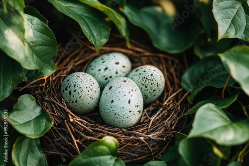 Four Blue-Green Speckled Eggs Nestled in a Bird's Nest Surrounded by Lush Green Foliage photo