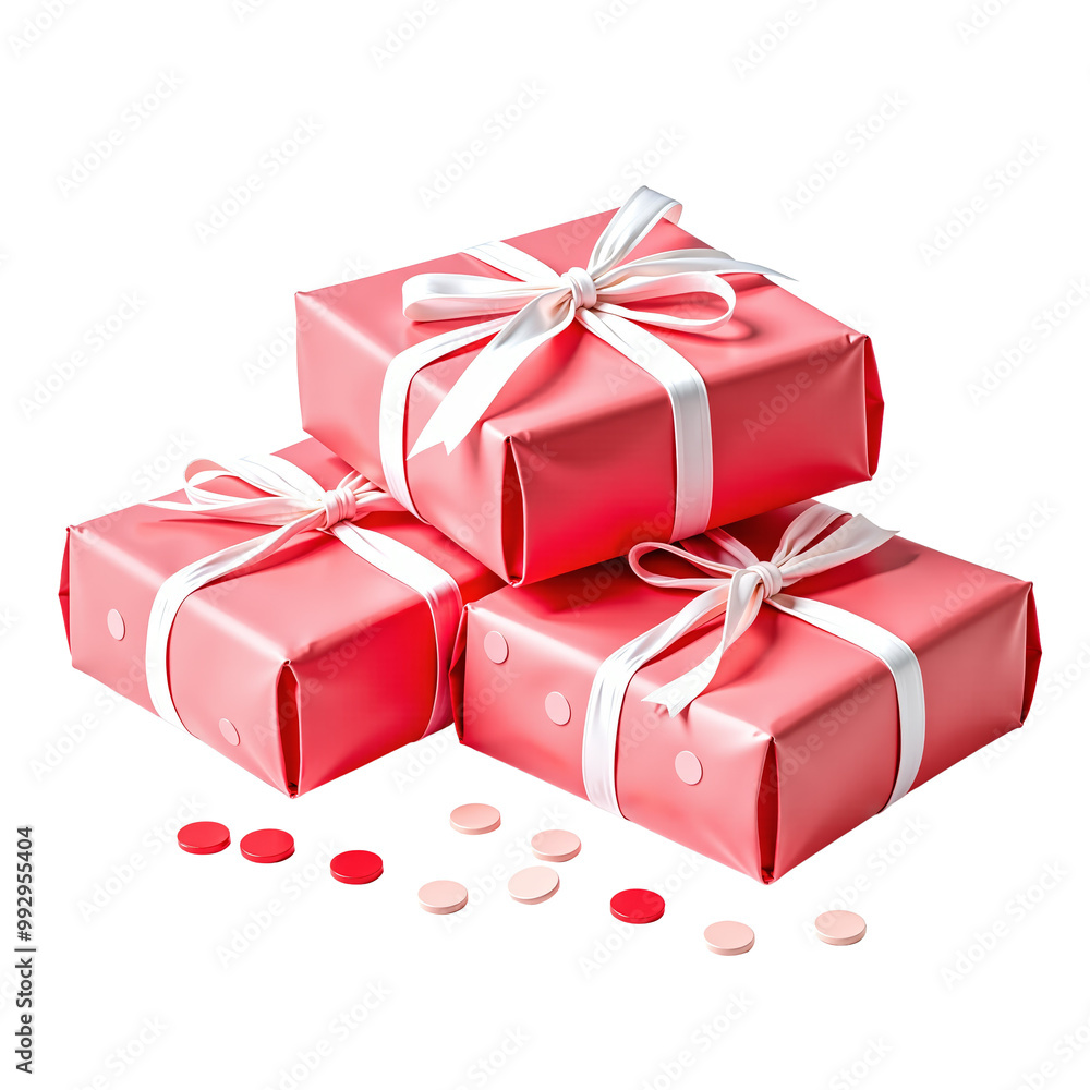 Obraz premium Pink Gift Boxes with White Ribbon: A trio of elegant pink gift boxes with white ribbons, scattered confetti adds a touch of festive cheer. 
