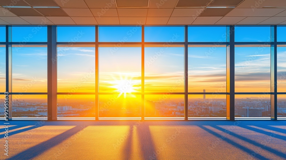 Fototapeta premium Sunset Through Office Windows with Panoramic City View, Sustainable Architecture, Energy Efficiency, Modern Urban Workspace, Natural Lighting