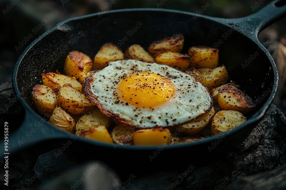 Fried Egg and Potatoes in Cast Iron Skillet Over Charcoal