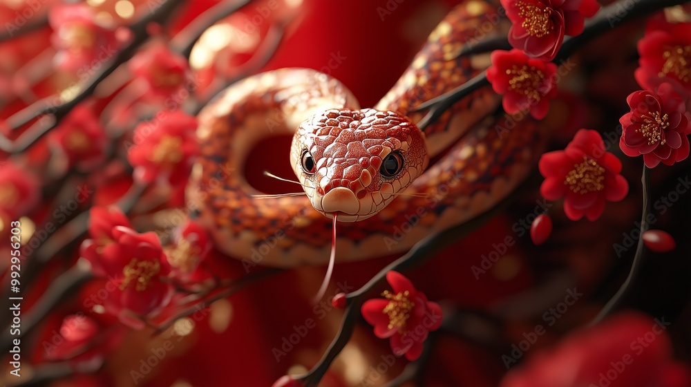 Snake wrapped around blooming red flowers, symbolizing Chinese Lunar Year 2025. Concept of prosperity, zodiac, tradition, and cultural celebration. Snake wrapped around blooming red flowers, symbolizing Chinese Lunar Year 2025. Concept of prosperity, zodiac, tradition, and cultural celebration.