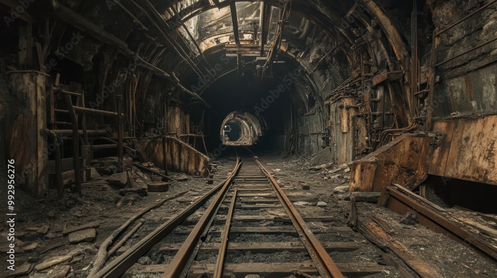 Naklejka premium A dark, abandoned tunnel with railway tracks leading into the distance.