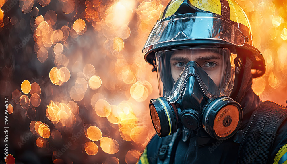 fireman Wearing Helmet and a gas Mask in Front of Fire fireman Wearing Helmet and a gas Mask in Front of Fire