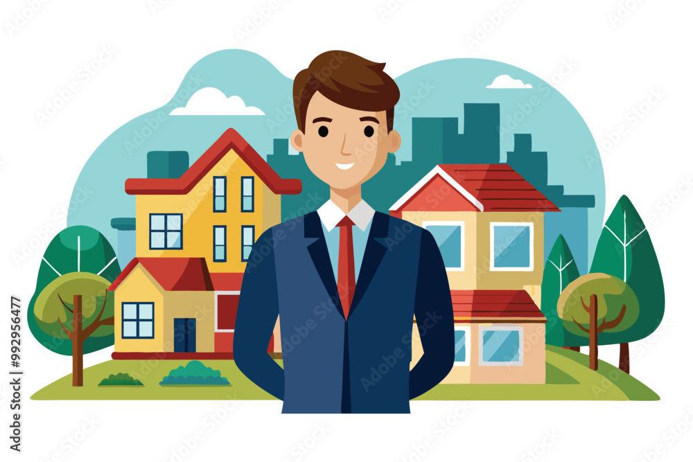 A professional realtor stands confidently in front of colorful houses and a city skyline during a sunny day, Customizable realtor illustration. A professional realtor stands confidently in front of colorful houses and a city skyline during a sunny day, Customizable realtor illustration.