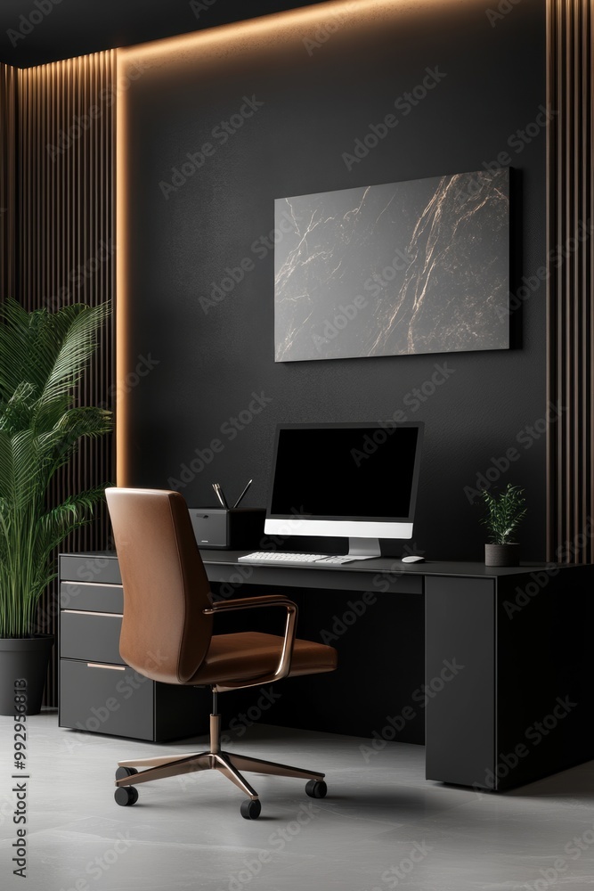 Fototapeta premium A sleek, modern home office featuring a stylish desk, ergonomic chair, and minimalistic decor with a touch of greenery.