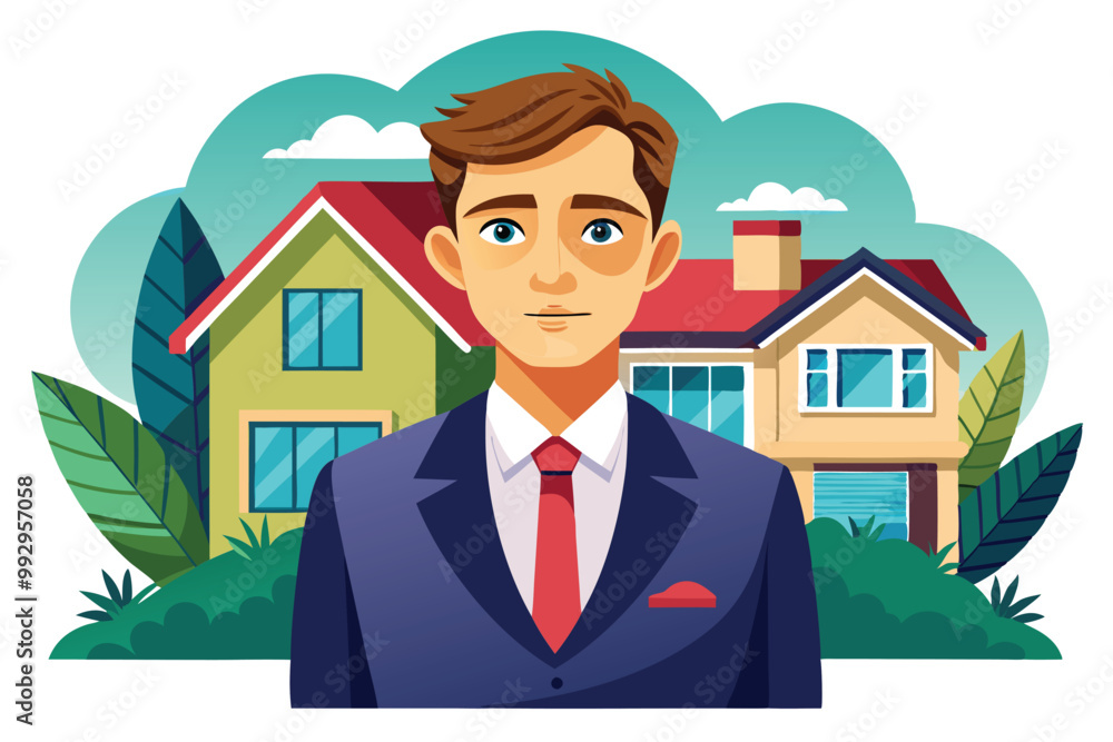 A realtor stands confidently in a suit with two distinct houses behind, ready to assist clients, Customizable realtor illustration with disproportionate features. A realtor stands confidently in a suit with two distinct houses behind, ready to assist clients, Customizable realtor illustration with disproportionate features.