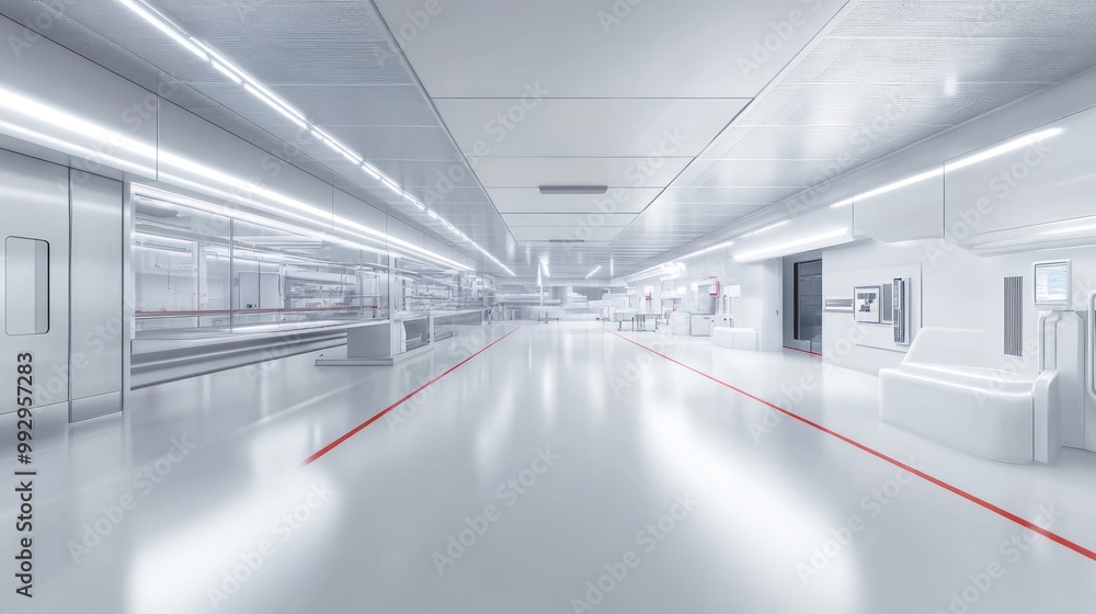 A modern, sterile industrial space with sleek design and advanced technology. A modern, sterile industrial space with sleek design and advanced technology.