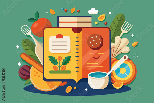 A colorful recipe book displaying illustrated ingredients and cooking tools for culinary creativity, Customizable recipe book with semi-flat illustrations.