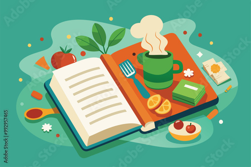A colorful recipe book open with a steaming mug, ingredients, and cooking utensils, perfect for culinary inspiration, Customizable recipe book illustration