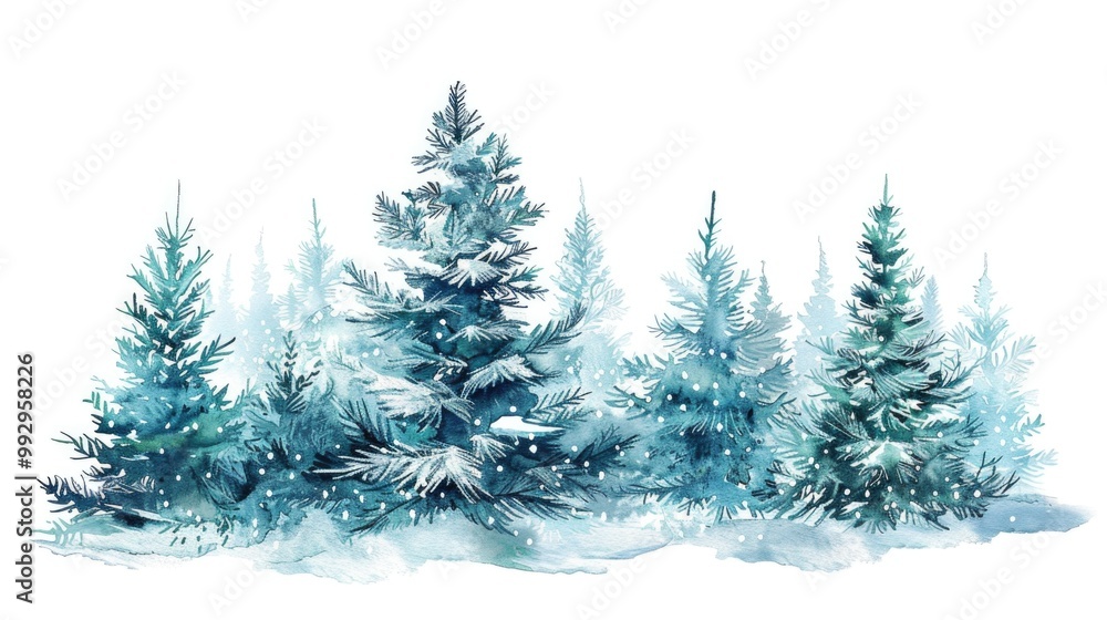 Obraz premium Pine Tree Drawing. Abstract Watercolor Winter Landscape with Conifer Trees