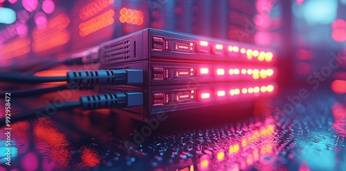 Close-Up of Cables and Network Equipment in a Data Center – Professional Color Grading Enhances Digital Technology Concept

 photo