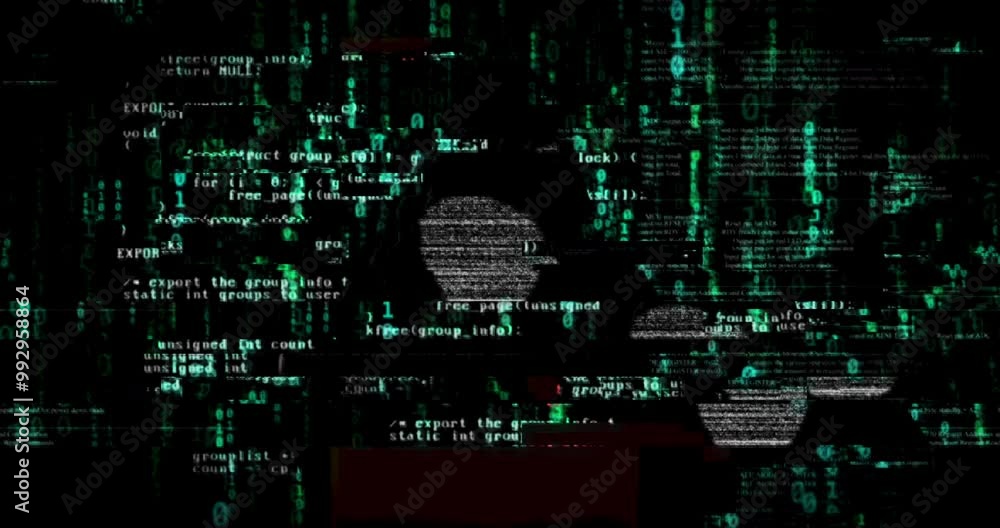 Hacker, laptop and coding overlay of language for data transfer, binary code and programming security of scam. Cyberpunk, pattern and cloud computing for malware virus, network system and AI software Hacker, laptop and coding overlay of language for data transfer, binary code and programming security of scam. Cyberpunk, pattern and cloud computing for malware virus, network system and AI software