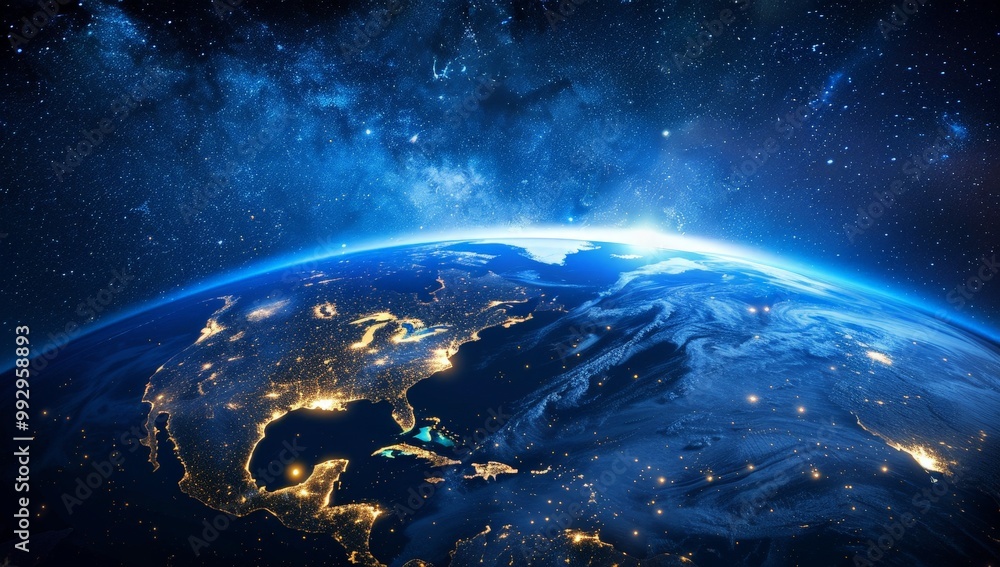 Earth from Space with City Lights and the Milky Way Earth from Space with City Lights and the Milky Way
