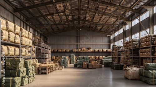 A spacious warehouse filled with neatly stacked goods and storage materials.