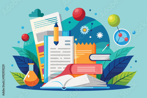 This illustration showcases a variety of research materials surrounded by educational symbols in a bright setting, Customizable research paper illustration.