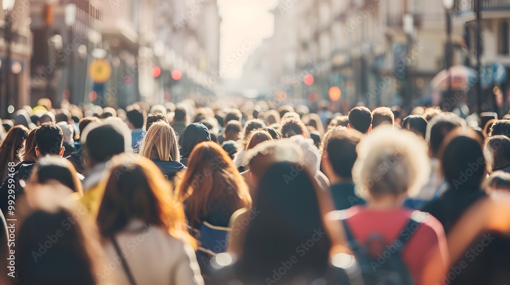 Crowded urban street scene with diverse faces representing various age groups and ethnicities, symbolizing demographic diversity and multiculturalism, with ample copy space for text or design elements Crowded urban street scene with diverse faces representing various age groups and ethnicities, symbolizing demographic diversity and multiculturalism, with ample copy space for text or design elements