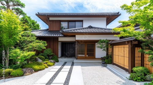 A modern Japanese house featuring traditional architecture, surrounded by lush greenery and a serene garden pathway.