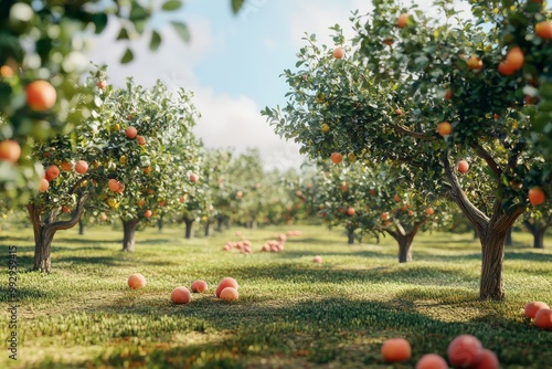 Peaceful orchard with ripe orange trees, fruits on the ground, and a clear blue sky under natural sunlight, capturing the essence of harvest season. photo