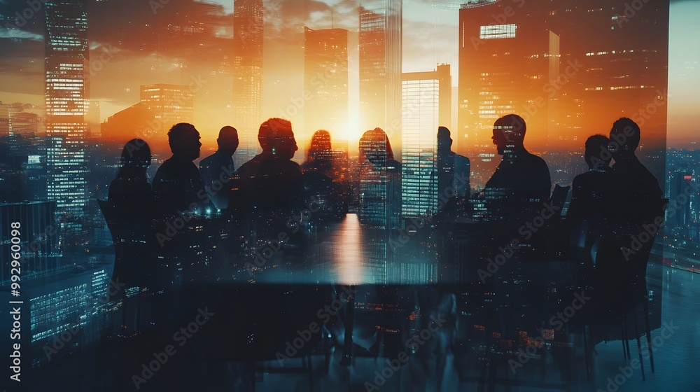 Double exposure image of many business people conference group meeting on city office building in background showing partnership success of business deal. Concept of teamwork, trust and agreement. Double exposure image of many business people conference group meeting on city office building in background showing partnership success of business deal. Concept of teamwork, trust and agreement.