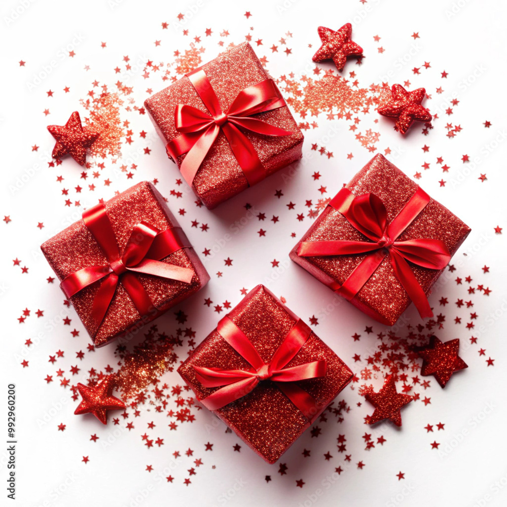 A collection of red glittery gift boxes adorned with ribbons and surrounded by festive star-shaped confetti, perfect for celebrations and holidays A collection of red glittery gift boxes adorned with ribbons and surrounded by festive star-shaped confetti, perfect for celebrations and holidays