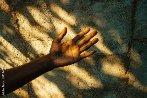 A hand reaching out towards a wall with sunlight shining on it. photo